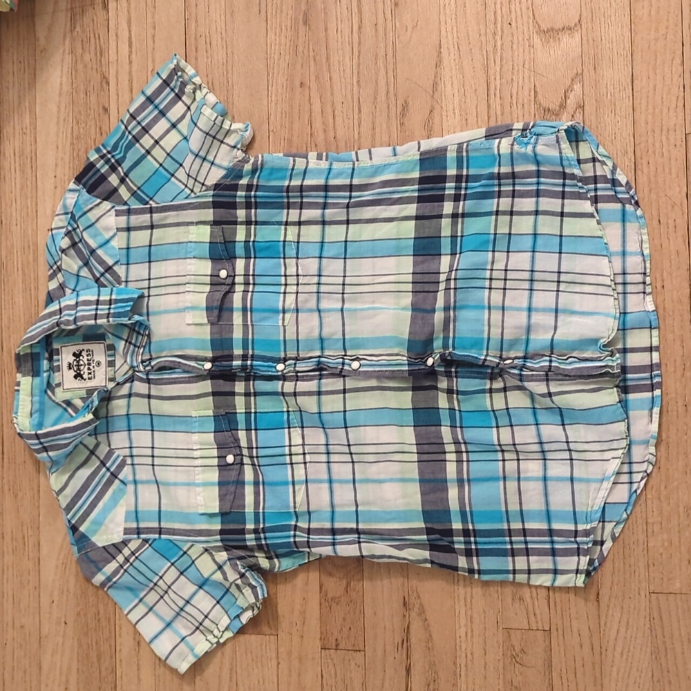 Men's Express thin cotton short sleeve M shirt, blue and green plaid with snaps